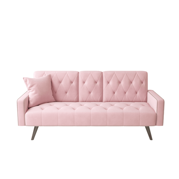 1730 Sofa Bed Armrest with Nail Head Trim with Two Cup Holders 72" Pink Velvet Sofa for Small Spaces