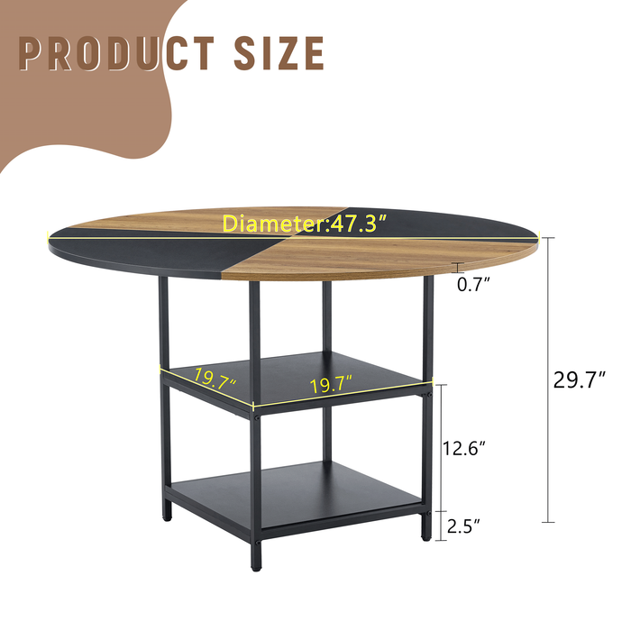 47.3-inch diameter modern splicing circular dining table - double-layer storage, wood and black fan-shaped diagonal color matching design, interpreting home aesthetics and practicality. - DTYStore