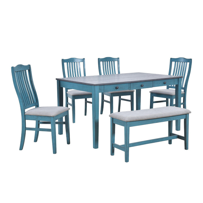 Mid-Century 6-Piece Wood Dining Table Set, Kitchen Table Set with Drawer, Upholstered Chairs and Bench, Antique Blue