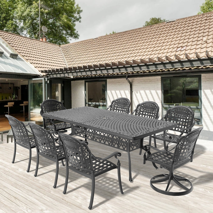 9-Piece All-Weather Cast Aluminum Dining Set, Include 2 Swivel Chairs,6 Dining Chairs and Rectangular Table With Black Frame - DTYStore