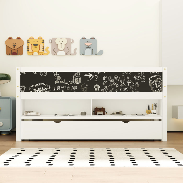 Twin Size Wood Low Loft Bed with Storage Shelves, Blackboard and Trundle, White - DTYStore