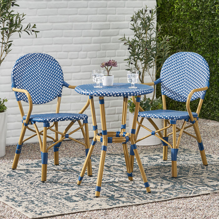 Outdoor PE Rattan and Aluminum 3 Piece French Bistro Set, Dark Teal & White, and Bamboo Finish - DTYStore
