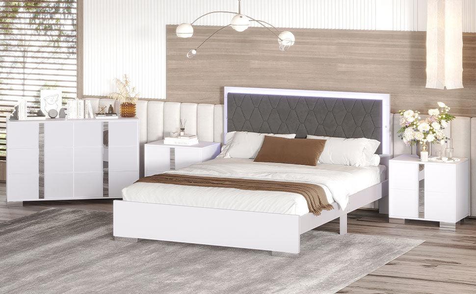 4-Pieces Bedroom Sets Queen Size Upholstered Bed with LED Lights, Mirrored Nightstands and Dresser with Metal Handles and Legs,White