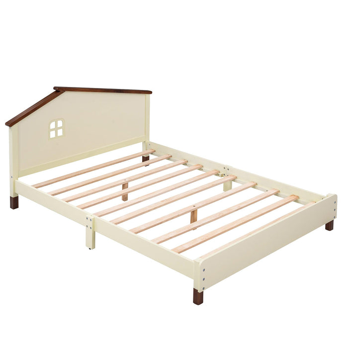 Full Size Wood Platform Bed with House-shaped Headboard (Cream+Walnut)