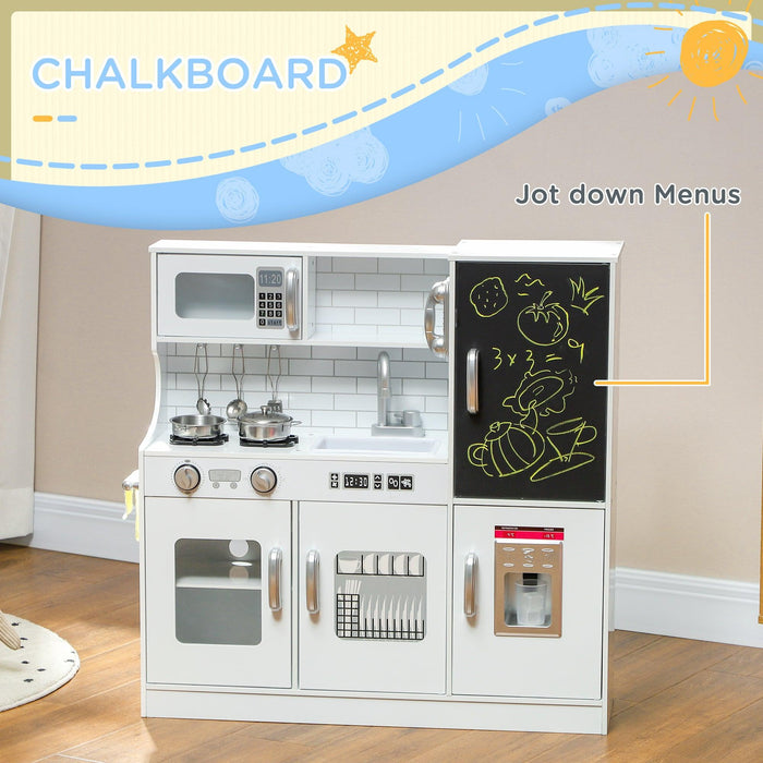 Play Kitchen, Kids Kitchen Playset Pretend Play Toy Kitchen with Play Phone, Chalkboard, Towel Rack, Ice Maker, 5 Accessories, Storage Space, Microwave & Sink, Gift for 3-8 Years, White