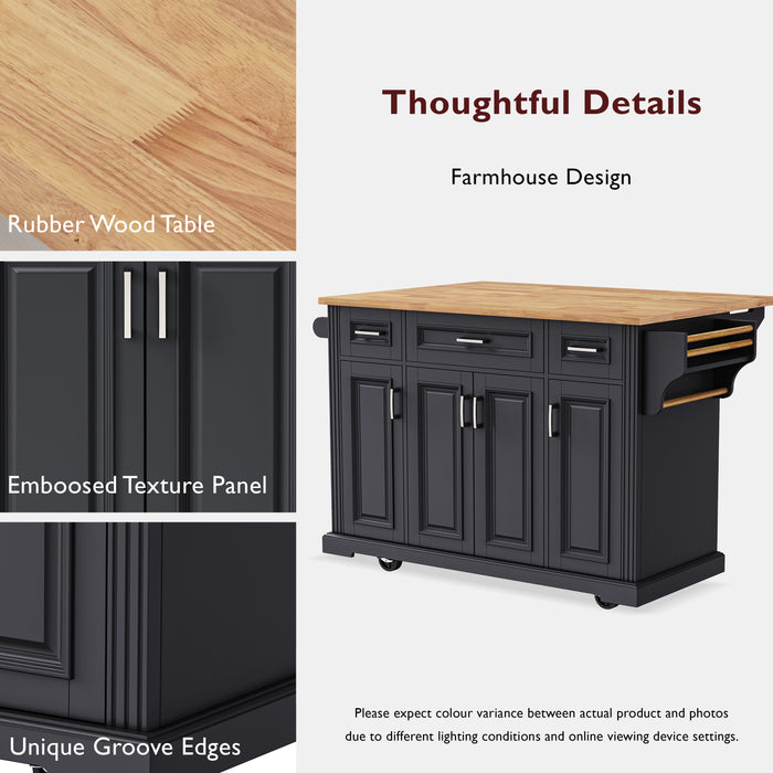 54inch Large Kitchen Island with Rubber Wood Drop Leaf, Embossed Texture Rolling Kitchen Cart on 4 Wheels with 4 Doors and 3 Drawers, Kitchen Island with Storage for Kitchen, Dining Room,Black - DTYStore