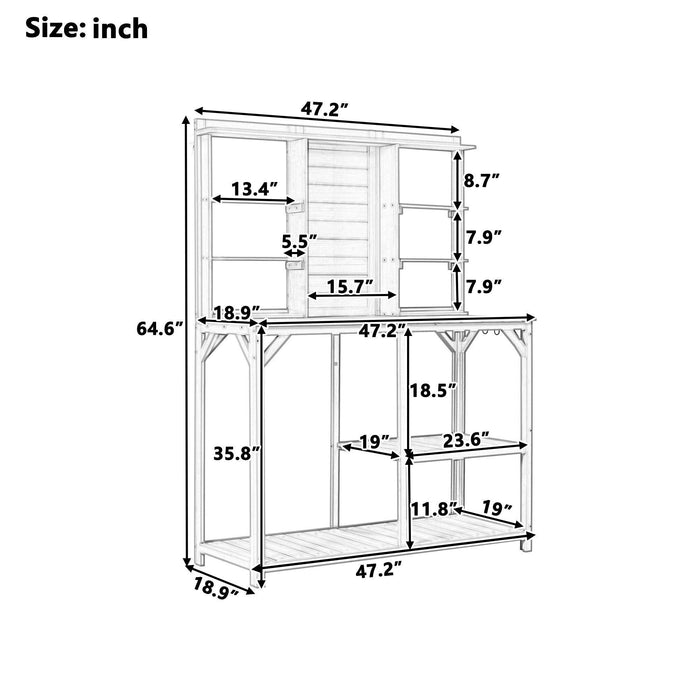 64.6" Large Outdoor Potting Bench, Garden Potting Table, Wood Workstation with 6-Tier Shelves and Side Hook