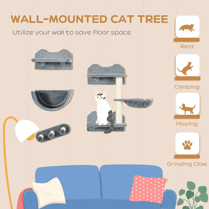 Cat Wall Shelves, 4 Pcs Cat Wall Furniture Cat Climbing Shelf with Cat Hammock, 3 Steps, Perches, Scratching Post, for Sleeping, Playing, Gray