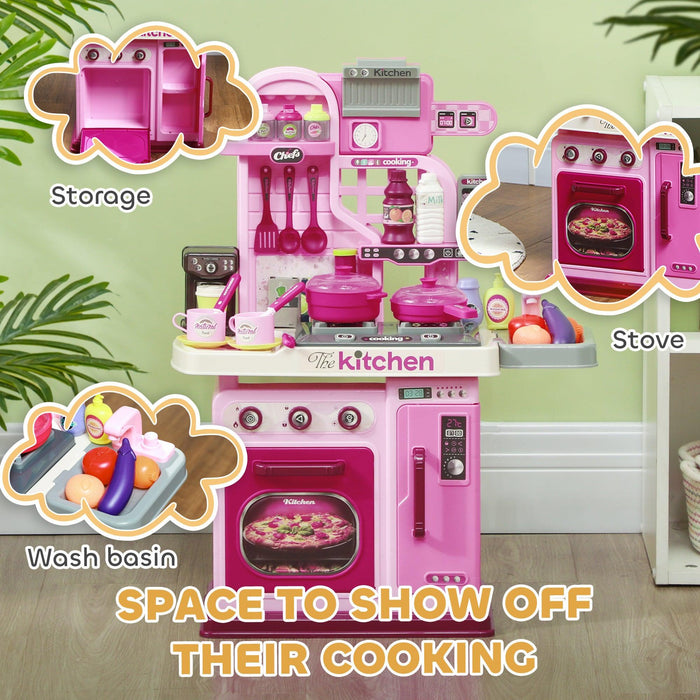 Play Kitchen, Kids Kitchen Playset Toy Kitchen with Lights, Sounds, 33 Accessories, Storage, Interactive Playset for Toddler 3-6 Years, Pink