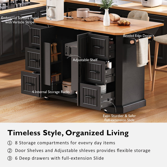 56 inch Kitchen Island with Rubber Wood Veneer Drop Leaf, Power Outlet, 4 Door Shelves, Embossed Vertical Stripe Rolling Kitchen Cart on 4 Wheels with 6 Deep Drawers for Kitchen, Dining Room,Black - DTYStore