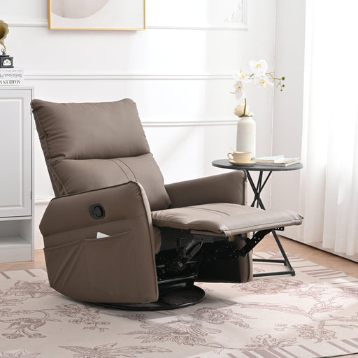 PU Rocking Recliner Chair,360° Swivel Nursery Rocking Chair,Glider Chair,Modern Small Rocking Swivel Recliner Chair for Bedroom,Living Room Chair Home Theater Seating,Side Pocket(Brown+360° Swivel) - DTYStore