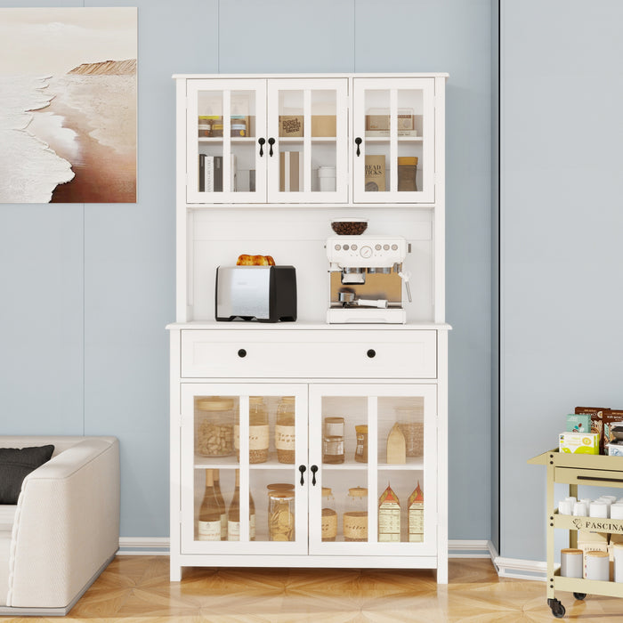 71' Pantry Storage Cabinet with Microwave Oven Countertop, Freestanding Hutch Cabinet with 3 Adjustable Shelves, 5 glass Doors and 1 Large Drawer-White - DTYStore