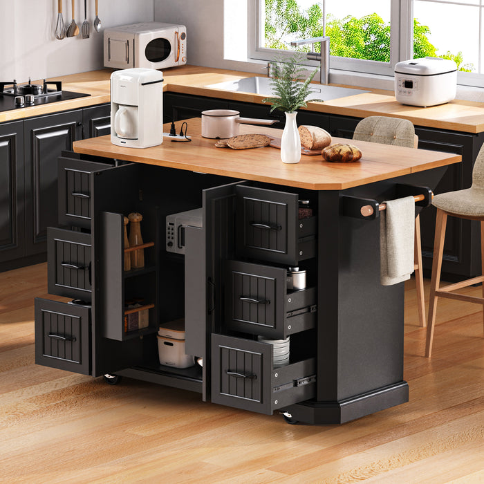 56 inch Kitchen Island with Rubber Wood Veneer Drop Leaf, Power Outlet, 4 Door Shelves, Embossed Vertical Stripe Rolling Kitchen Cart on 4 Wheels with 6 Deep Drawers for Kitchen, Dining Room,Black - DTYStore