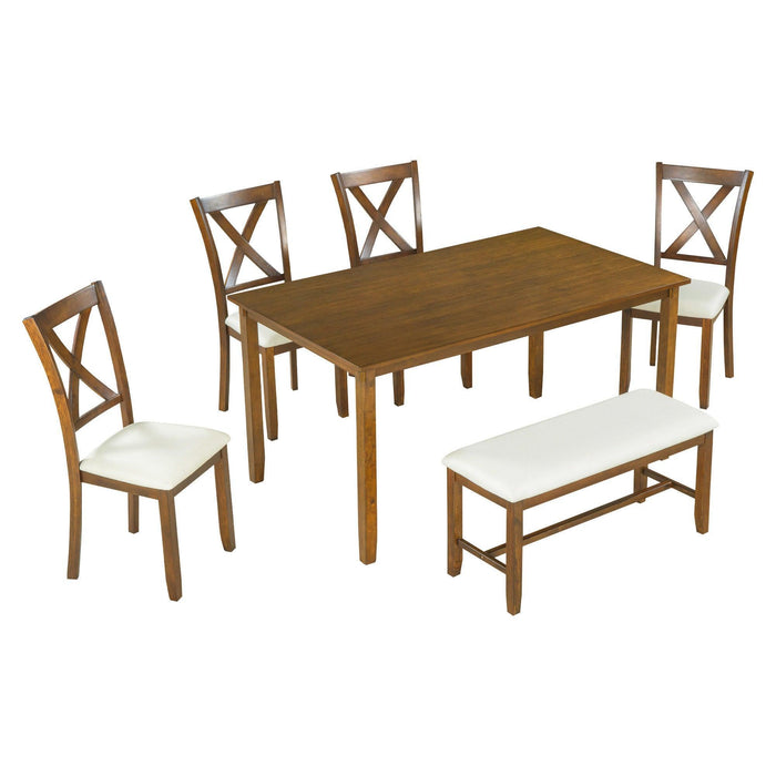 6-Piece Kitchen Dining Table Set Wooden Rectangular Table, 4 Chairs and Bench Family Furniture