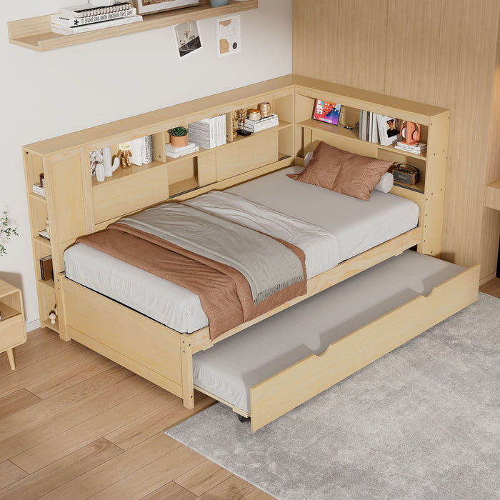 Twin Size Wood Daybed with Storage Shelves, USB and Trundle, Natural - DTYStore