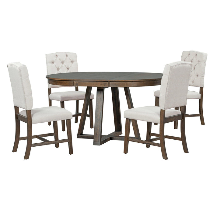 5-Piece Retro Functional Dining Set, Round Table with 16"W Leaf and 4 Upholstered Chairs