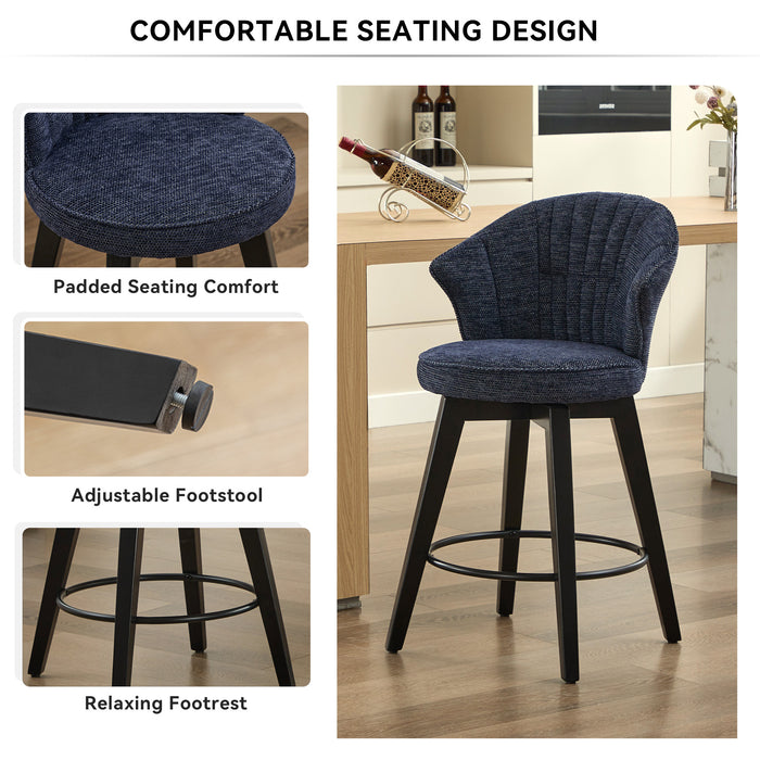 008-Wing Back Swivel Bar Stools Set of 2 - 25' Counter Height Adjustable Stools with Solid Wood Legs & Chenille Upholstery, Leveling Feet for Kitchen Island, Home Pub or Dining Room, Blue - DTYStore