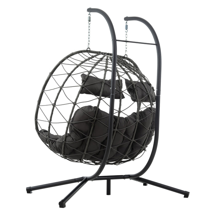 2 Persons Egg Chair with Stand Indoor Outdoor Swing Chair Patio Wicker Hanging Egg Chair Hanging Basket Chair with Stand for Bedroom Living Room Balcony - DTYStore