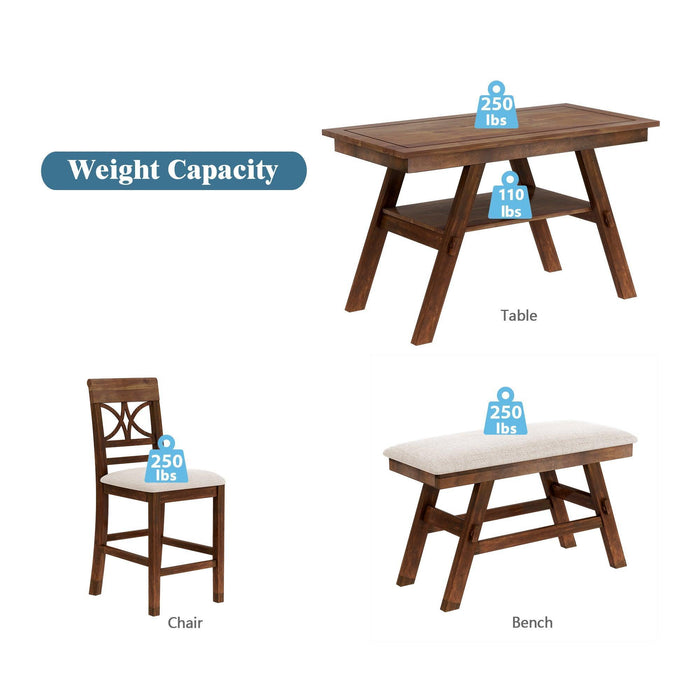 TOPMAX 6-Piece Wood Counter Height Dining Table Set with Storage Shelf, Kitchen Table Set with Bench and 4 Chairs,Rustic Style, Walnut+Beige Cushion