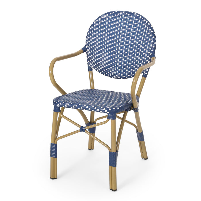 Outdoor PE Rattan and Aluminum 3 Piece French Bistro Set, Dark Teal & White, and Bamboo Finish - DTYStore