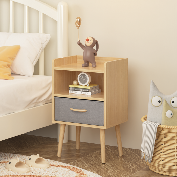 2PC Nightstand With Collapsible Fabric Drawer, 2-Tier Storage End Table, Wood Side Table with Storage Cabinet for Bedroom, Living Room - Oak - DTYStore