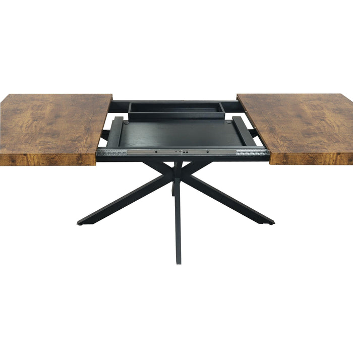 55.11" -70.86"Retro Rectangular Stretch Dining Table, Antique Wood Top And Black Relief Plate, Black Fine Sand Cross Iron Foot Base Dining Table, With Storage Box.