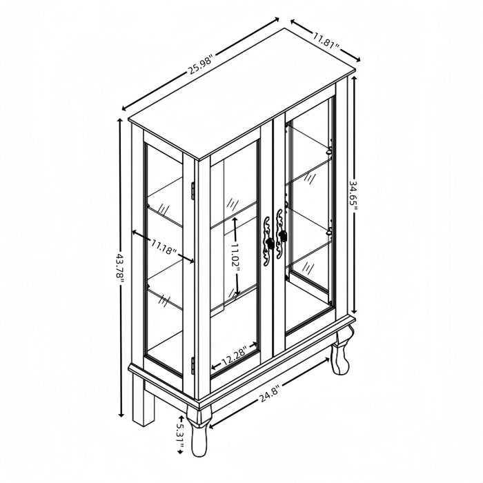 2 Doors Curio Cabinet with Tempered Glass Doors and Mirrored Back Panel, Lighted Display Cabinet for Home and Office