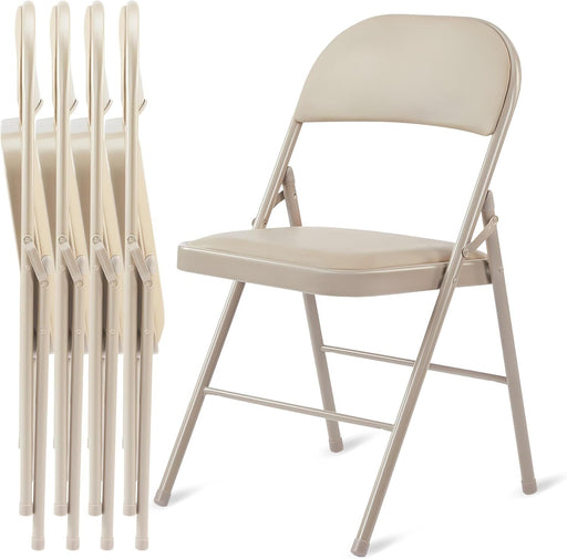 4 Pack Folding Chairs with Leather Padded Cushion Seats & Durable Metal Frame, Comfortable, Foldable, Portable, Commercial Event Seat, Indoor Outdoor for Parties, Home, Office, Kahki - DTYStore