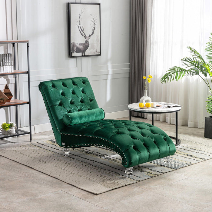 COOMORE Velvet Chaise Lounge Indoor,Button-Tufted Upholstered Chaise Lounge Chair with Pillow for Bedroom Living Room Office (Emerald Velvet)