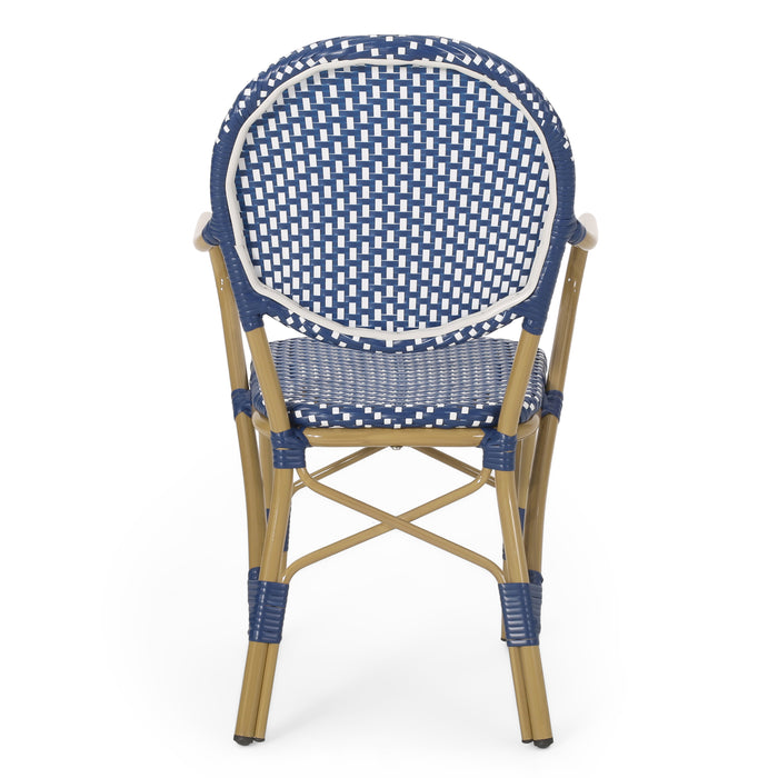 Outdoor PE Rattan and Aluminum 3 Piece French Bistro Set, Dark Teal & White, and Bamboo Finish - DTYStore