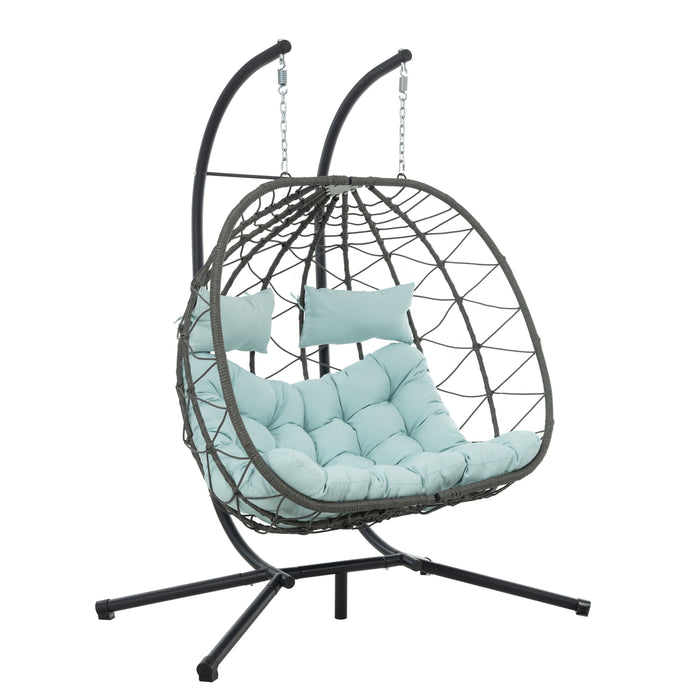 2 Persons Egg Chair with Stand Indoor Outdoor Swing Chair Patio Wicker Hanging Egg Chair Hanging Basket Chair with Stand for Bedroom Living Room Balcony - DTYStore