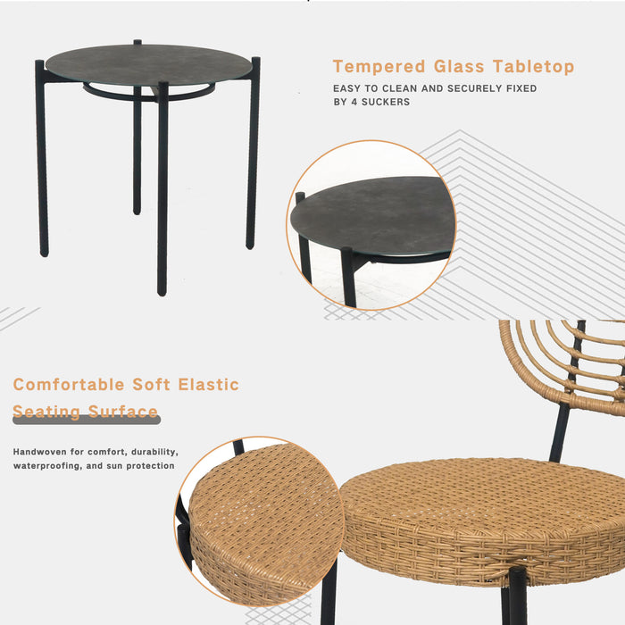 3 Pieces Of Luxury Outdoor Wicker Furniture - Patio Bistro Style Table And Chair Combination,Weather-resistant PE Wicker Weave, Stainless Steel Fame, Suitable For Garden, Terrace,Backyard Casua - DTYStore