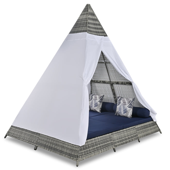 GO 90.5' Length Outdoor Sunbed With Colorful Pillows, Wicker Patio Daybed With Cushions, Tent Shape, Gray And Blue - DTYStore