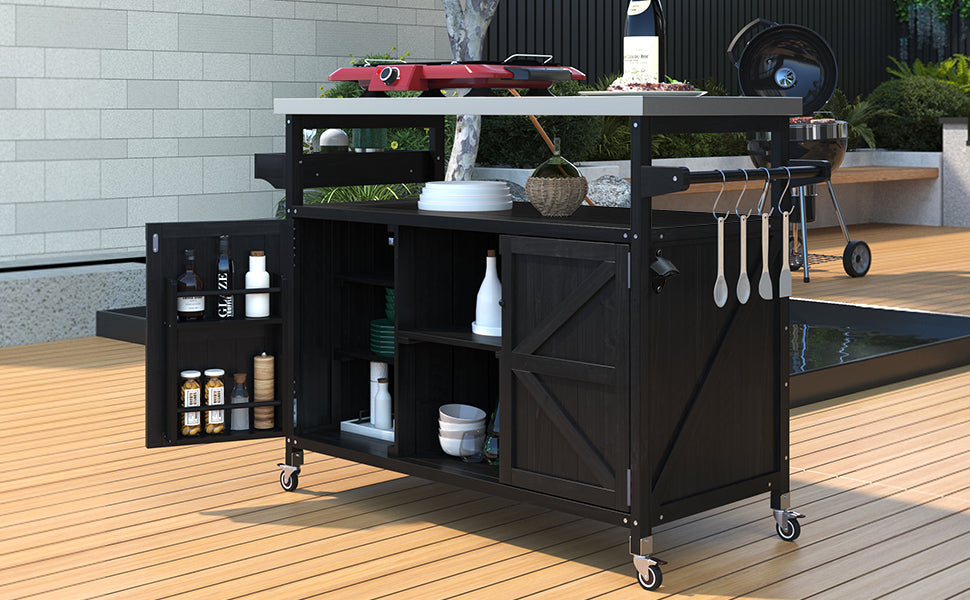 Outdoor Kitchen Island, Rolling Bar Cart & Storage Cabinet, Farmhouse Solid Wood Outdoor Grill Table with Stainless Steel Top, Spice Rack , Towel Rack for Kitchen & Barbecue, Black - DTYStore