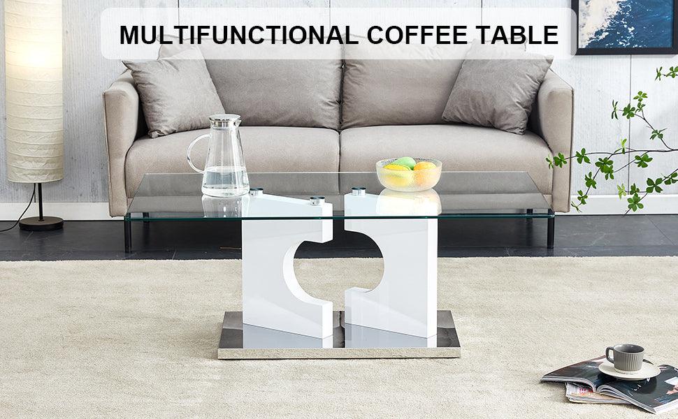 A rectangular modern and fashionable coffee table with tempered glass tabletop and white MDF legs. Suitable for living room.47.2"*25.5"*18"