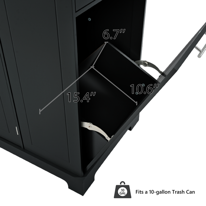 Fluted Kitchen Island with Trash Can Storage Cabinet, Power Outlet, Internal Storage Rack, Rolling Kitchen Islands on 5 Wheels with 3 Drawer, 3 Open Side Racks for 10 Gallon Garbage Bin, Black - DTYStore