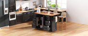 56 inch Kitchen Island with Rubber Wood Veneer Drop Leaf, Power Outlet, 4 Door Shelves, Embossed Vertical Stripe Rolling Kitchen Cart on 4 Wheels with 6 Deep Drawers for Kitchen, Dining Room,Black - DTYStore