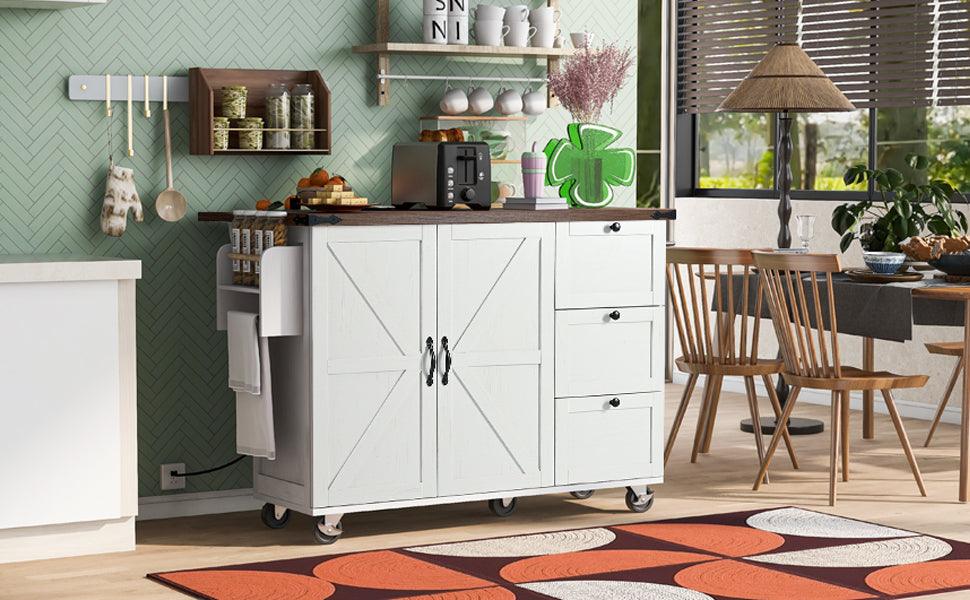 54.5" Farmhouse Kitchen Island with Power Outlet, Kitchen Storage Island with Internal Storage Rack, Drop Leaf, Spice Rack, Rolling Kitchen Cart on Wheels, for Home, Kitchen and Dining Room,White - DTYStore