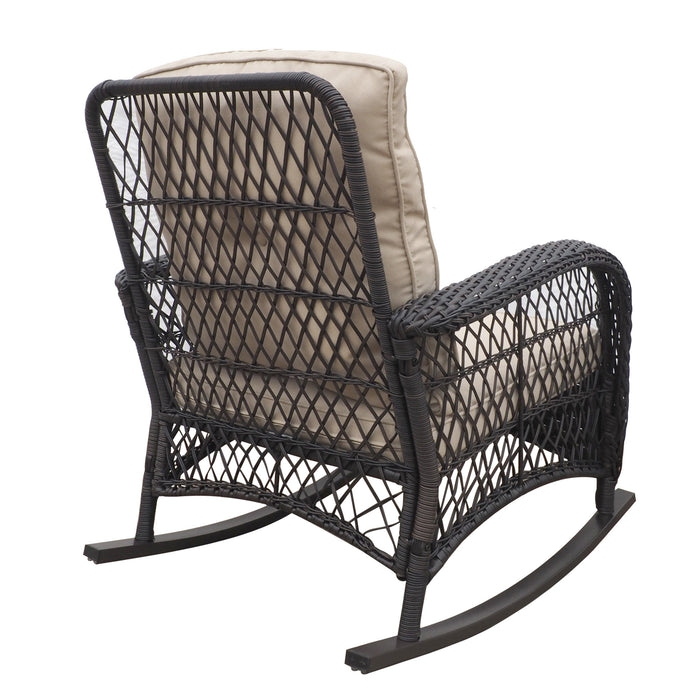 3 Pieces Conversation Set, Outdoor Wicker Rocker Patio Bistro Set, Rocking Chair with Glass Top Side Table - DTYStore