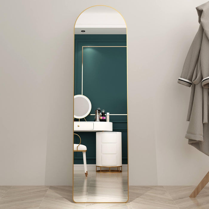 The 1st Generation of Floor Mounted Full Length Mirrors. Aluminum alloy metal frame arched wall mirror, bathroom makeup mirror, bedroom porch, wall mounted. Gold 60 "* 16.5"