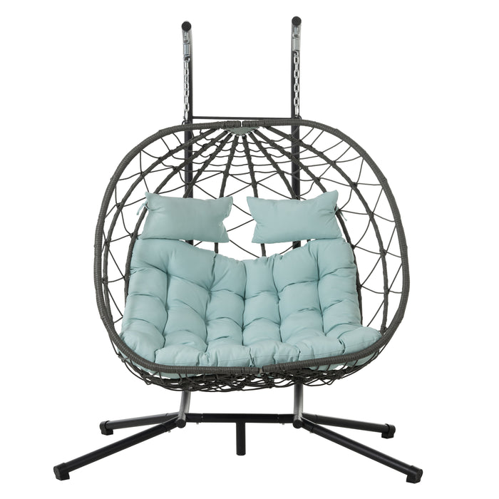 2 Persons Egg Chair with Stand Indoor Outdoor Swing Chair Patio Wicker Hanging Egg Chair Hanging Basket Chair with Stand for Bedroom Living Room Balcony - DTYStore
