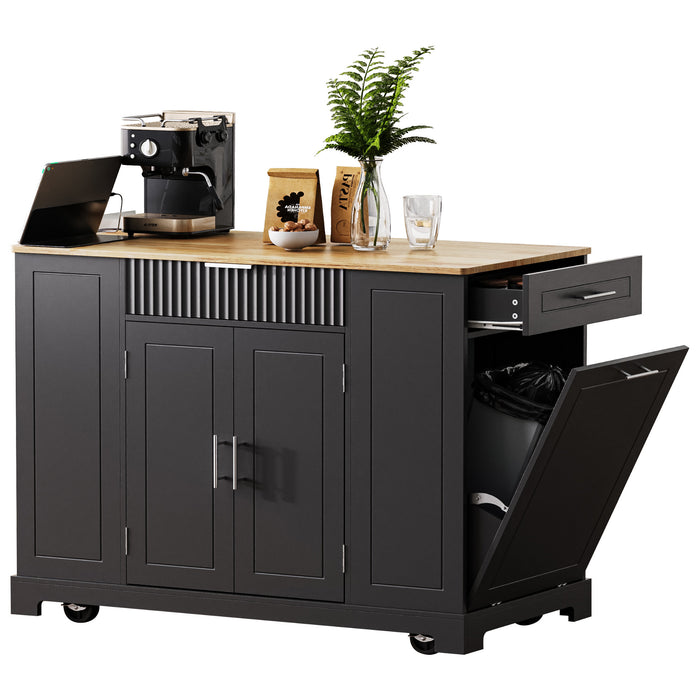 Fluted Kitchen Island with Trash Can Storage Cabinet, Power Outlet, Internal Storage Rack, Rolling Kitchen Islands on 5 Wheels with 3 Drawer, 3 Open Side Racks for 10 Gallon Garbage Bin, Black - DTYStore