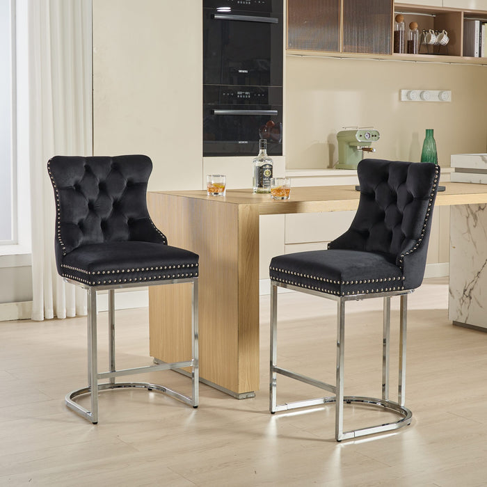 25' Counter Height Bar Stools Set of 2, Modern Velvet Barstools with Button Back&Rivet Trim Upholstered Kitchen Island Chairs with Sturdy Chromed Metal Base Legs Farmhouse Bar Stools, (Black,2 Pack) - DTYStore