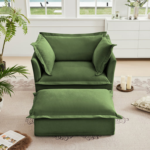 Upholstered Slipcovered Armchair with Ottoman, Deep Seat Armchair W/ Wide Ottoman for Living Room, Armchair Sets with Large Soft Pillows(Set of 2),Chenille Fabric,Green - DTYStore