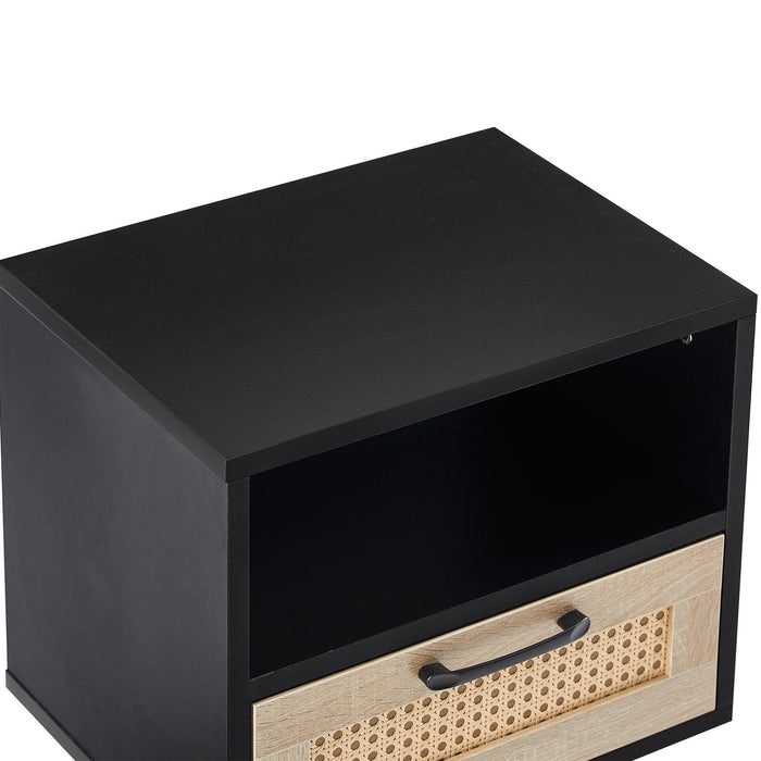 15.75" Rattan End table with drawer and solid wood legs, Modern nightstand, side table for living room, bedroom, black - DTYStore