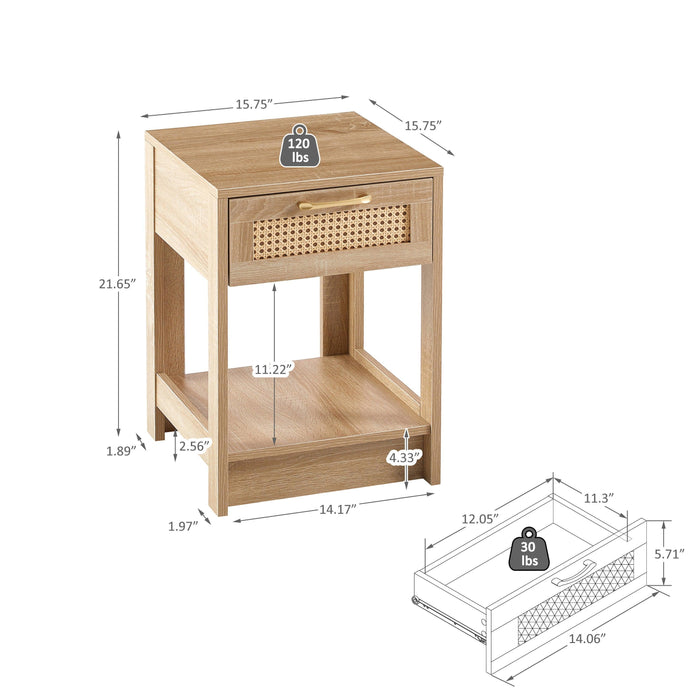 15.75" Rattan End table with drawer, Modern nightstand, side table for living room, bedroom,natural - DTYStore