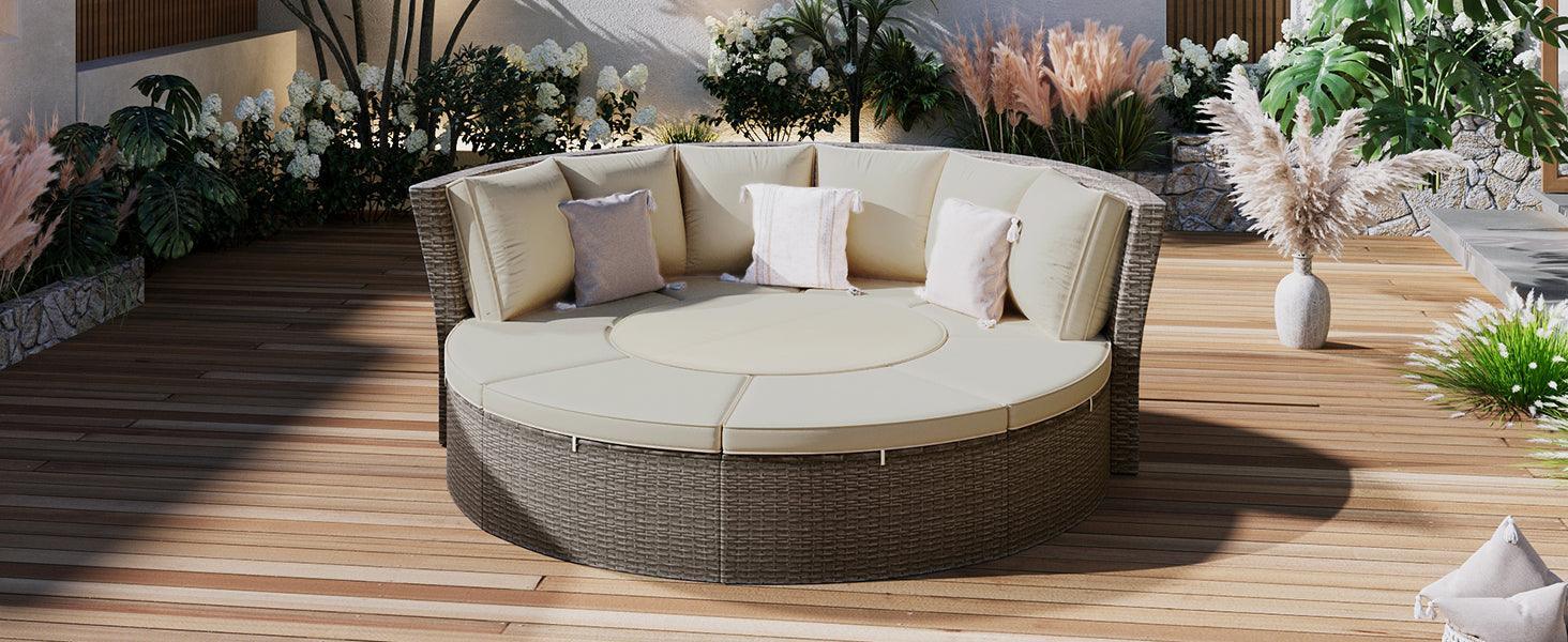 Patio 5-Piece Round Rattan Sectional Sofa Set All-Weather PE Wicker Sunbed Daybed with Liftable Table and Washable Cushions for Outdoor Poolside