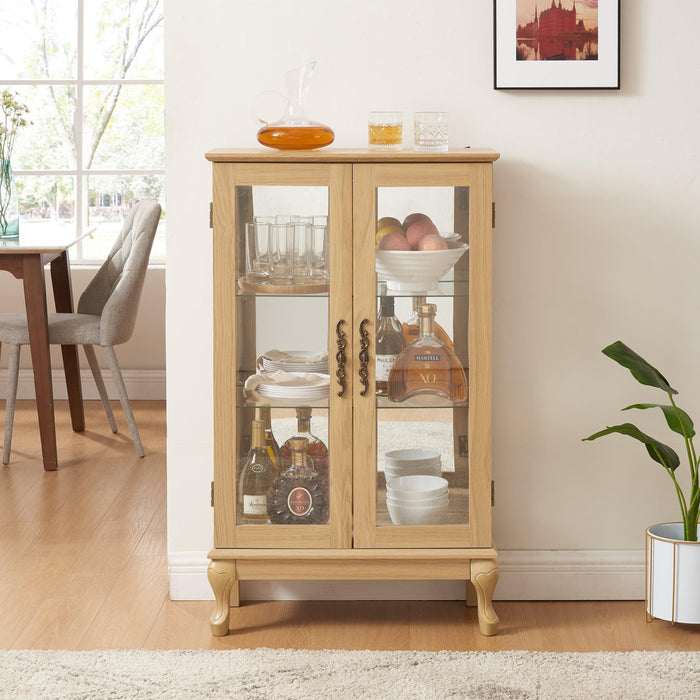 2 Doors Curio Cabinet with Tempered Glass Doors and Mirrored Back Panel, Lighted Display Cabinet for Home and Office Oak