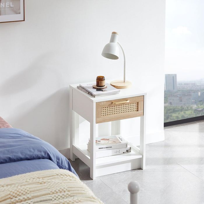 15.75" Rattan End table with drawer, Modern nightstand, side table for living room, bedroom,white - DTYStore