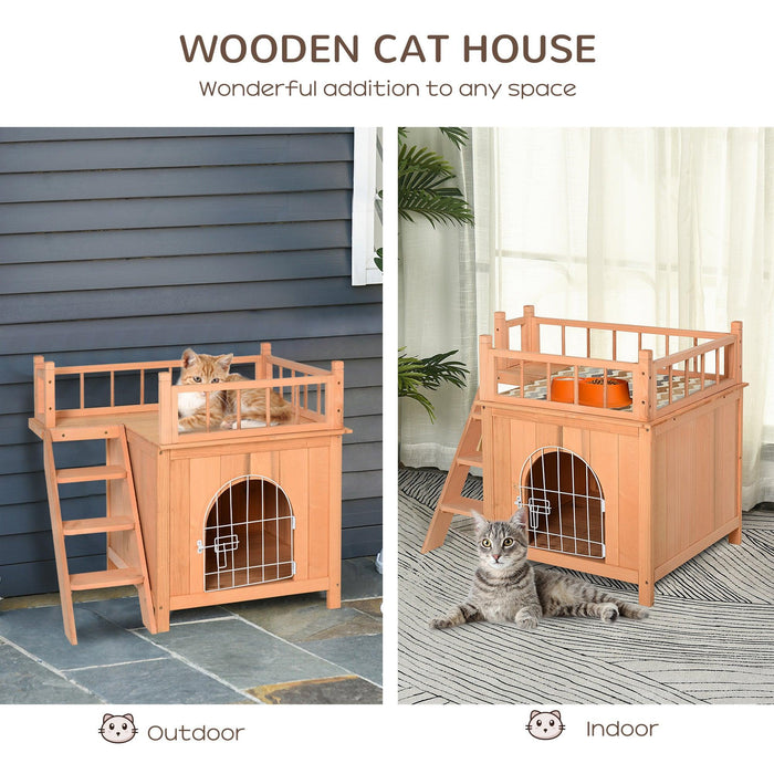 2-Level Wooden Cat House, Outdoor Dog Shelter Cat Condo with Lockable Wire Door and Balcony, Natural Wood